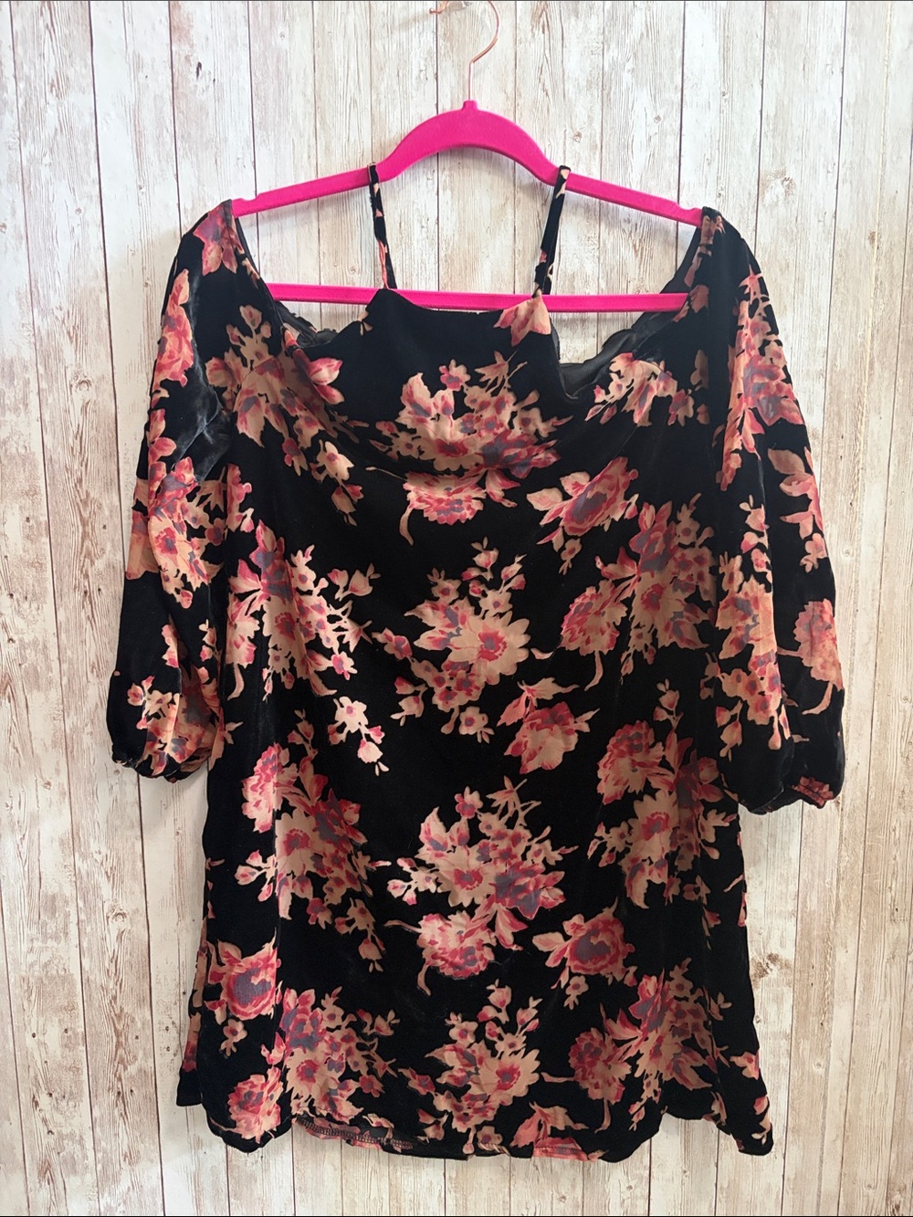 Audrey 3+1 Black Floral Velvet off Shoulder Tunic with Pink Floral